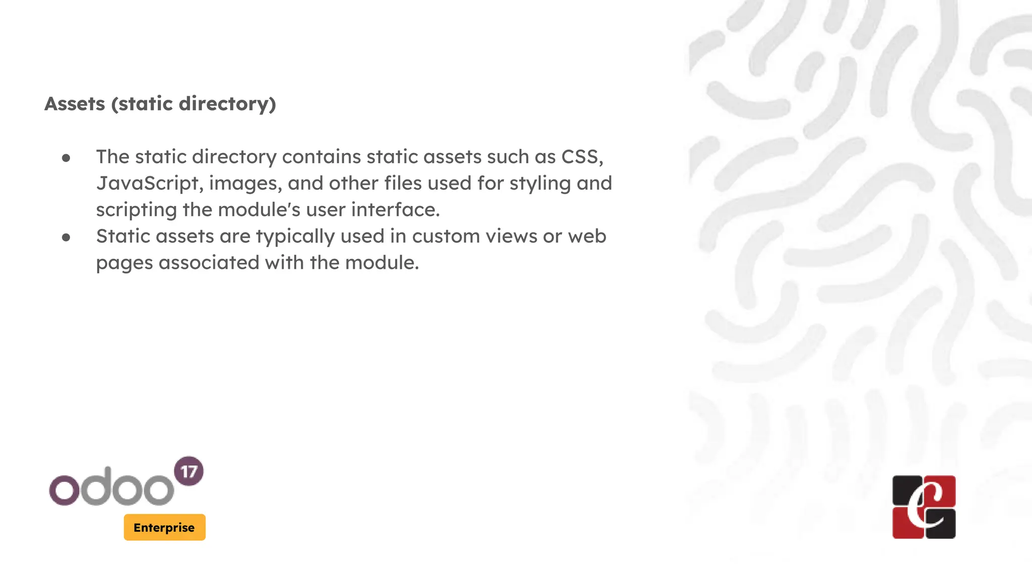 Enterprise
Assets (static directory)
● The static directory contains static assets such as CSS,
JavaScript, images, and other files used for styling and
scripting the module's user interface.
● Static assets are typically used in custom views or web
pages associated with the module.
 