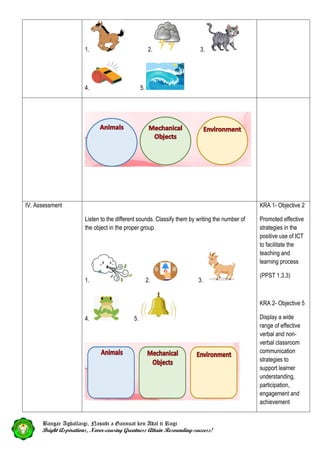 1. 2. 3.
4. 5.
IV. Assessment
Listen to the different sounds. Classify them by writing the number of
the object in the proper group.
1. 2. 3.
4. 5.
KRA 1- Objective 2
Promoted effective
strategies in the
positive use of ICT
to facilitate the
teaching and
learning process
(PPST 1.3.3)
KRA 2- Objective 5
Display a wide
range of effective
verbal and non-
verbal classroom
communication
strategies to
support learner
understanding,
participation,
engagement and
achievement
Bangar Agballaigi, Nasudi a Gannuat ken Adal ti Rugi
Bright Aspirations, Never-ceasing Greatness Attain Resounding-success!
 