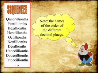 Note: the names of the order of the different decimal places. Quadrillionths Pentillionths Hexillionths Heptillionths Octillionths Nonillionths Decillionths Undecillionths Dodecillionths Tridecillionths… SEQUENCES Back Next 
