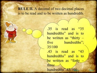 RULE II.  A decimal of two decimal places is to be read and to be written as hundredth. .35 is read as “35 hundredths” and is to be written as “thirty – five hundredths”; 35/100 .43 is read as “43 hundredths” and is to be written as “forty – three hundredths”.43/100 Back Next 