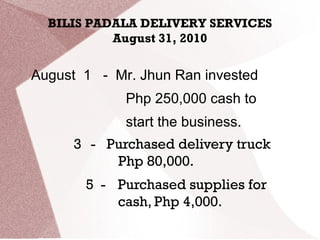 BILIS PADALA DELIVERY SERVICES
August 31, 2010
August 1 - Mr. Jhun Ran invested
Php 250,000 cash to
start the business.
3 - Purchased delivery truck
Php 80,000.
5 - Purchased supplies for
cash, Php 4,000.
 