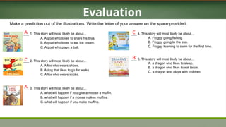 Evaluation
Make a prediction out of the illustrations. Write the letter of your answer on the space provided.
___ 1. This story will most likely be about...
A. A goat who loves to share his toys.
B. A goat who loves to eat ice cream.
C. A goat who plays a ball.
___ 2. This story will most likely be about...
A. A fox who wears shoes.
B. A dog that likes to go for walks.
C. A fox who wears socks.
___ 3. This story will most likely be about...
A. what will happen if you give a moose a muffin.
B. what will happen if a moose makes muffins.
C. what will happen if you make muffins.
___ 4. This story will most likely be about…
A. Froggy going fishing.
B. Froggy going to the zoo.
C. Froggy learning to swim for the first time.
___ 5. This story will most likely be about...
A. a dragon who likes to sleep.
B. a dragon who likes to eat tacos.
C. a dragon who plays with children.
A
C
A
C
B
 