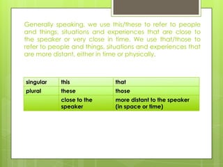 Generally speaking, we use this/these to refer to people
and things, situations and experiences that are close to
the speaker or very close in time. We use that/those to
refer to people and things, situations and experiences that
are more distant, either in time or physically.



singular    this              that
plural      these             those
            close to the      more distant to the speaker
            speaker           (in space or time)
 