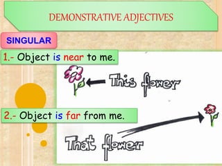DEMONSTRATIVE ADJECTIVES
SINGULAR
1.- Object is near to me.
2.- Object is far from me.