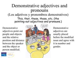 This, that, these, those, etc. (the
pointing-out adjectives and pronouns.)
Demonstrative adjectives and
pronouns
(Los adjetivos y pronombres demostrativos)
Demonstrative
adjectives point out
people and objects
and the relative
position and distance
between the speaker
and the object or
person modified.
Demonstrative
adjectives are
usually placed
before the modified
noun and agree with
it in number and
gender.
 