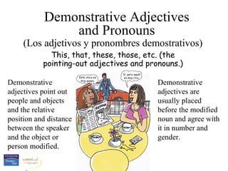 This, that, these, those, etc. (the
pointing-out adjectives and pronouns.)
Demonstrative Adjectives
and Pronouns
(Los adjetivos y pronombres demostrativos)
Demonstrative
adjectives point out
people and objects
and the relative
position and distance
between the speaker
and the object or
person modified.
Demonstrative
adjectives are
usually placed
before the modified
noun and agree with
it in number and
gender.
 