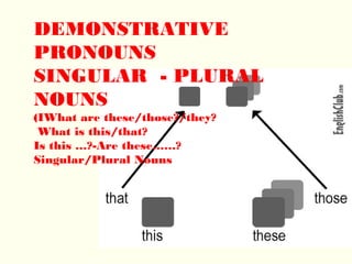 DEMONSTRATIVE
PRONOUNS
SINGULAR - PLURAL
NOUNS
(IWhat are these/those?/they?
 What is this/that?
Is this …?-Are these……?
Singular/Plural Nouns
 