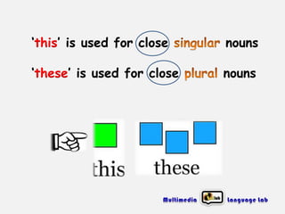 ‘this’ is used for close

nouns

‘these’ is used for close

nouns

 
