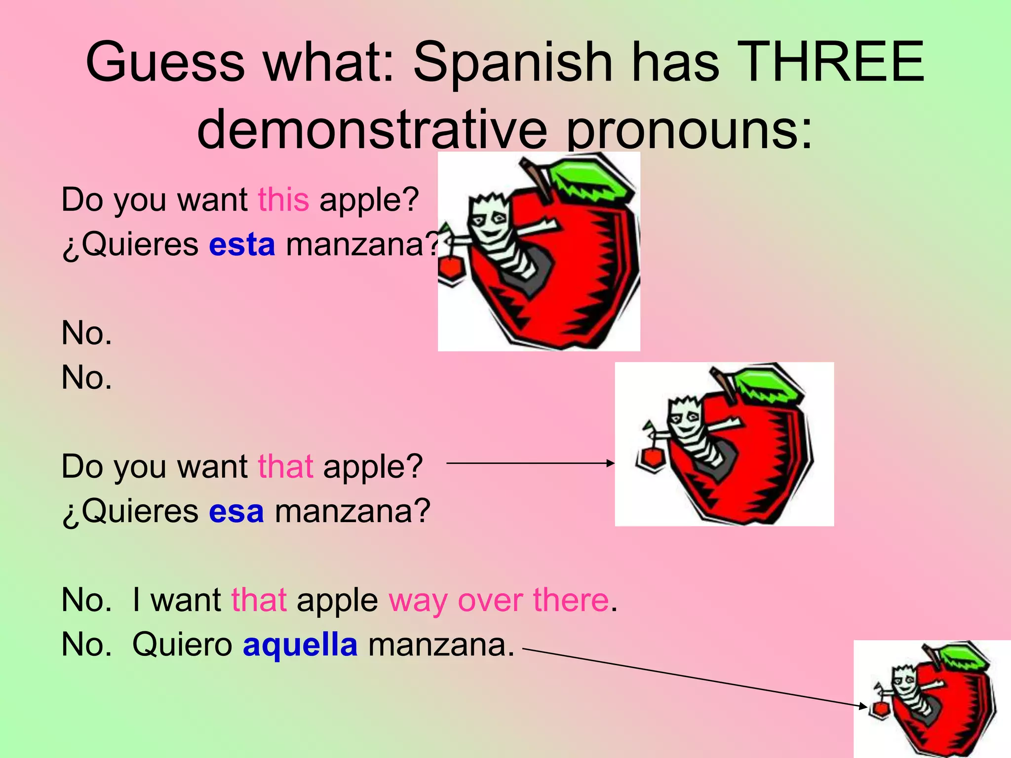 Guess what: Spanish has THREE
demonstrative pronouns:
Do you want this apple?
¿Quieres esta manzana?
No.
No.
Do you want that apple?
¿Quieres esa manzana?
No. I want that apple way over there.
No. Quiero aquella manzana.
 