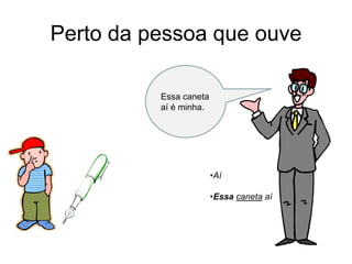 Perto da pessoa que ouve

          Essa caneta
          aí é minha.




                        •Aí

                        •Essa caneta aí
 