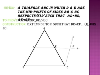 giVen:- a Triangle aBC in whiCh d & e are
The mid-poinTS of SideS aB & BC
reSpeCTiVelY SuCh ThaT ad=Bd,
ae=Ce
To proVe: de=1/2BC,de//BC
ConSTruCTion: exTend de To f SuCh ThaT de=ef....(i),join
A
fC

D

B

E

F

C

 