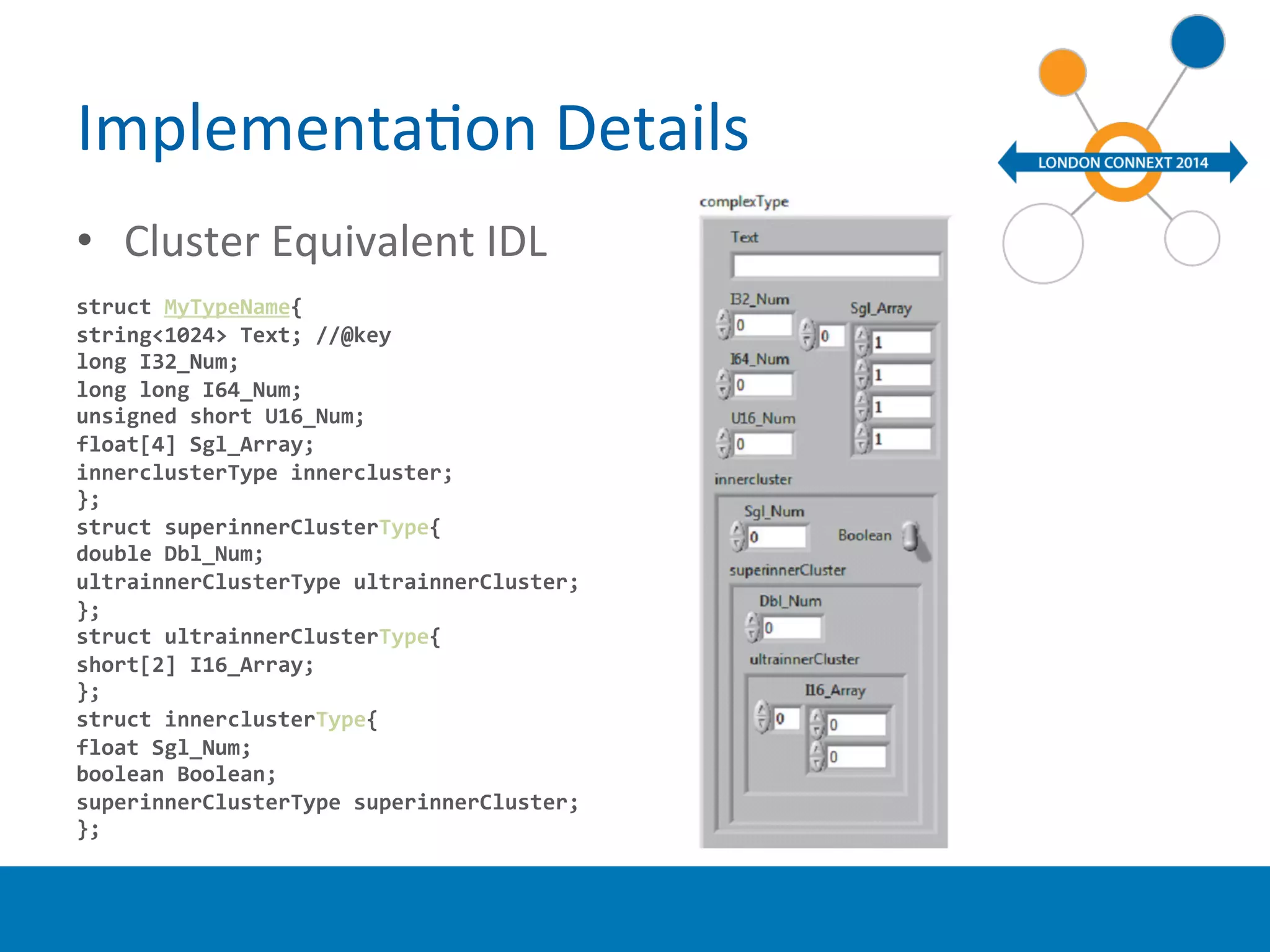 ImplementaYon 
Details 
• Cluster 
Equivalent 
IDL 
struct 
MyTypeName{ 
string<1024> 
Text; 
//@key 
long 
I32_Num; 
long 
long 
I64_Num; 
unsigned 
short 
U16_Num; 
float[4] 
Sgl_Array; 
innerclusterType 
innercluster; 
}; 
struct 
superinnerClusterType{ 
double 
Dbl_Num; 
ultrainnerClusterType 
ultrainnerCluster; 
}; 
struct 
ultrainnerClusterType{ 
short[2] 
I16_Array; 
}; 
struct 
innerclusterType{ 
float 
Sgl_Num; 
boolean 
Boolean; 
superinnerClusterType 
superinnerCluster; 
}; 
 