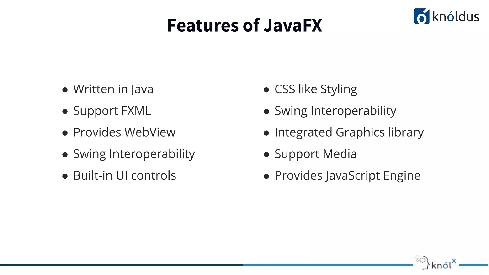 Features of JavaFX ● Written in Java ● Support FXML ● Provides WebView ● Swing Interoperability ● Built-in UI controls ● CSS like Styling ● Swing Interoperability ● Integrated Graphics library ● Support Media ● Provides JavaScript Engine 