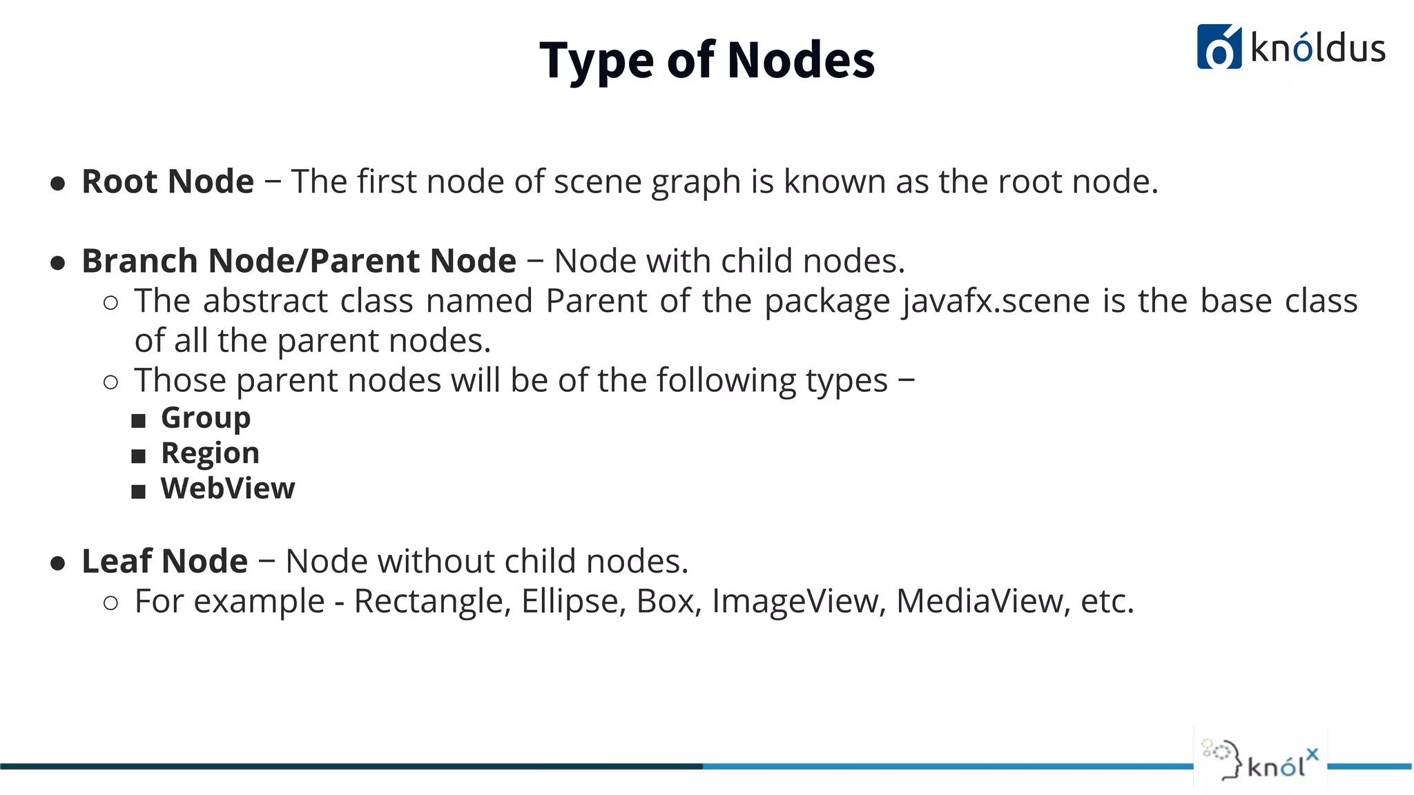 Type of Nodes ● Root Node − The ﬁrst node of scene graph is known as the root node. ● Branch Node/Parent Node − Node with child nodes. ○ The abstract class named Parent of the package javafx.scene is the base class of all the parent nodes. ○ Those parent nodes will be of the following types − ■ Group ■ Region ■ WebView ● Leaf Node − Node without child nodes. ○ For example - Rectangle, Ellipse, Box, ImageView, MediaView, etc. 
