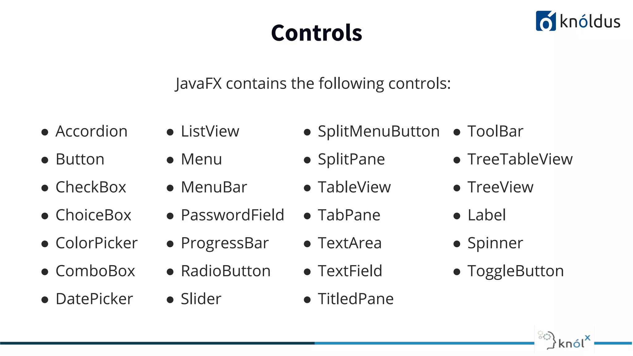 Controls JavaFX contains the following controls: ● Accordion ● Button ● CheckBox ● ChoiceBox ● ColorPicker ● ComboBox ● DatePicker ● ListView ● Menu ● MenuBar ● PasswordField ● ProgressBar ● RadioButton ● Slider ● SplitMenuButton ● SplitPane ● TableView ● TabPane ● TextArea ● TextField ● TitledPane ● ToolBar ● TreeTableView ● TreeView ● Label ● Spinner ● ToggleButton 