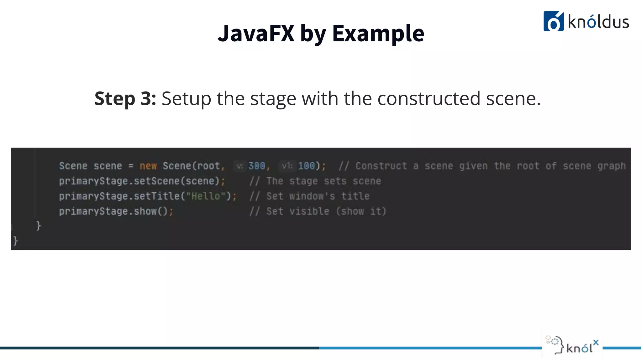 JavaFX by Example Step 3: Setup the stage with the constructed scene. 