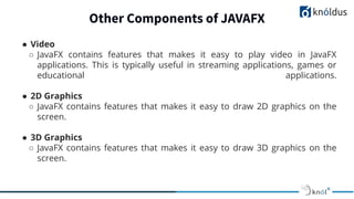 Other Components of JAVAFX
● Video
○ JavaFX contains features that makes it easy to play video in JavaFX
applications. This is typically useful in streaming applications, games or
educational applications.
● 2D Graphics
○ JavaFX contains features that makes it easy to draw 2D graphics on the
screen.
● 3D Graphics
○ JavaFX contains features that makes it easy to draw 3D graphics on the
screen.
 