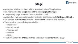 Stage
● A stage or window contains all the objects of a JavaFX application.
● It is represented by Stage class of the package javafx.stage.
● The primary stage is created by the platform itself.
● A stage has two parameters determining its position namely Width and Height.
● It is divided as Content Area and Decorations (Title Bar and Borders).
● There are ﬁve types of stages available −
○ Decorated
○ Undecorated
○ Transparent
○ Uniﬁed
○ Utility
● You have to call the show() method to display the contents of a stage.
 