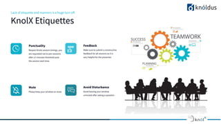 Lack of etiquette and manners is a huge turn oﬀ.
KnolX Etiquettes
Punctuality
Respect Knolx session timings, you
are requested not to join sessions
after a 5 minutes threshold post
the session start time.
Feedback
Make sure to submit a constructive
feedback for all sessions as it is
very helpful for the presenter.
Mute
Please keep your window on mute
Avoid Disturbance
Avoid leaving your window
unmuted after asking a question
 