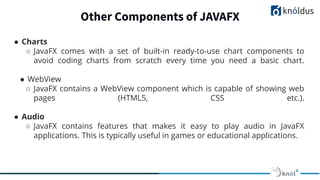 Other Components of JAVAFX
● Charts
○ JavaFX comes with a set of built-in ready-to-use chart components to
avoid coding charts from scratch every time you need a basic chart.
● WebView
○ JavaFX contains a WebView component which is capable of showing web
pages (HTML5, CSS etc.).
● Audio
○ JavaFX contains features that makes it easy to play audio in JavaFX
applications. This is typically useful in games or educational applications.
 