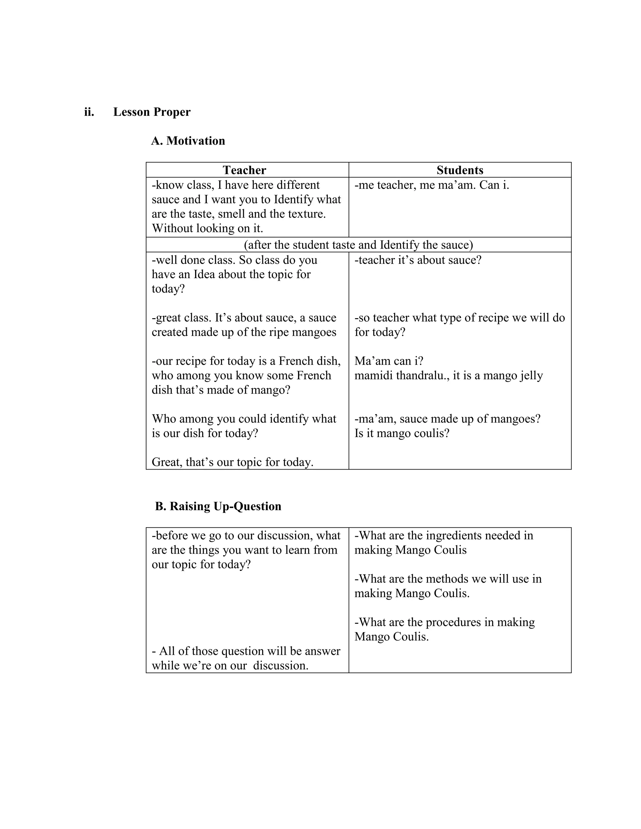 ii.   Lesson Proper

            A. Motivation

                            Teacher                                      Students
            -know class, I have here different          -me teacher, me ma’am. Can i.
            sauce and I want you to Identify what
            are the taste, smell and the texture.
            Without looking on it.
                                (after the student taste and Identify the sauce)
            -well done class. So class do you           -teacher it’s about sauce?
            have an Idea about the topic for
            today?

            -great class. It’s about sauce, a sauce   -so teacher what type of recipe we will do
            created made up of the ripe mangoes       for today?

            -our recipe for today is a French dish,   Ma’am can i?
            who among you know some French            mamidi thandralu., it is a mango jelly
            dish that’s made of mango?

            Who among you could identify what         -ma’am, sauce made up of mangoes?
            is our dish for today?                    Is it mango coulis?

            Great, that’s our topic for today.


            B. Raising Up-Question

            -before we go to our discussion, what     -What are the ingredients needed in
            are the things you want to learn from     making Mango Coulis
            our topic for today?
                                                      -What are the methods we will use in
                                                      making Mango Coulis.

                                                      -What are the procedures in making
                                                      Mango Coulis.
            - All of those question will be answer
            while we’re on our discussion.
 