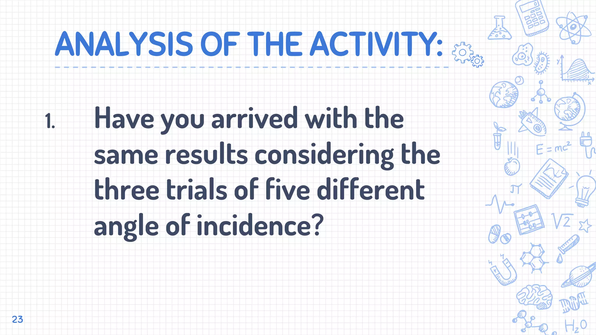 ANALYSIS OF THE ACTIVITY:
1. Have you arrived with the
same results considering the
three trials of five different
angle of incidence?
23
 