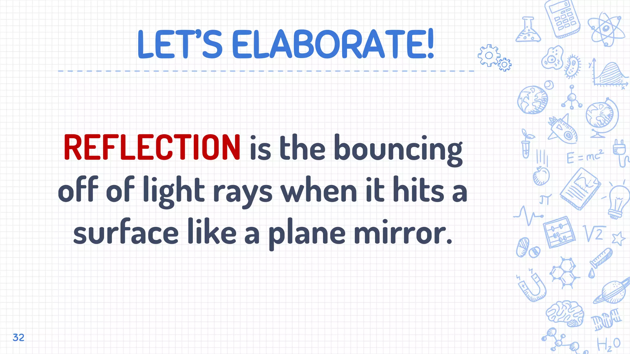 LET’S ELABORATE!
REFLECTION is the bouncing
off of light rays when it hits a
surface like a plane mirror.
32
 