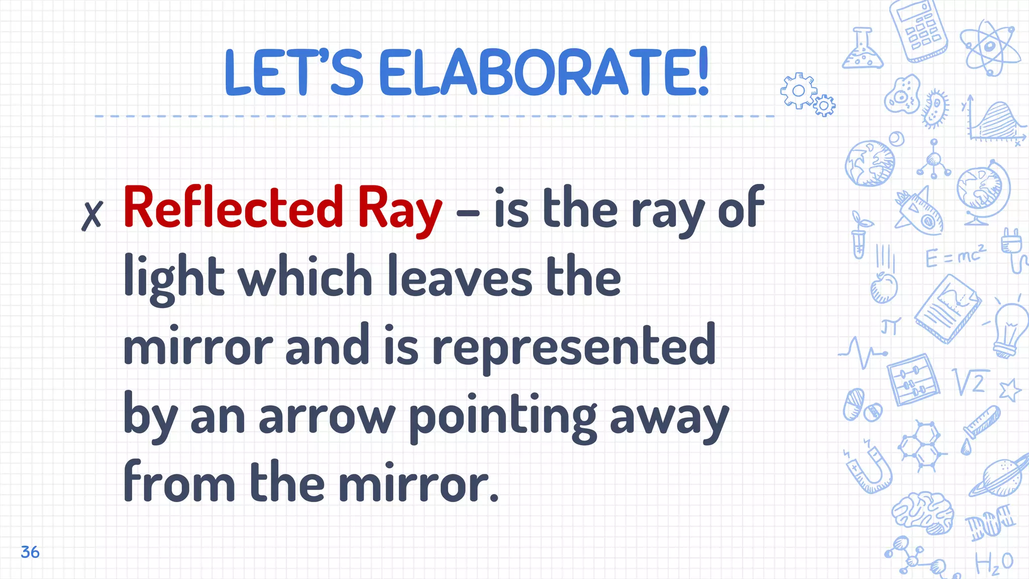 LET’S ELABORATE!
✘ Reflected Ray – is the ray of
light which leaves the
mirror and is represented
by an arrow pointing away
from the mirror.
36
 