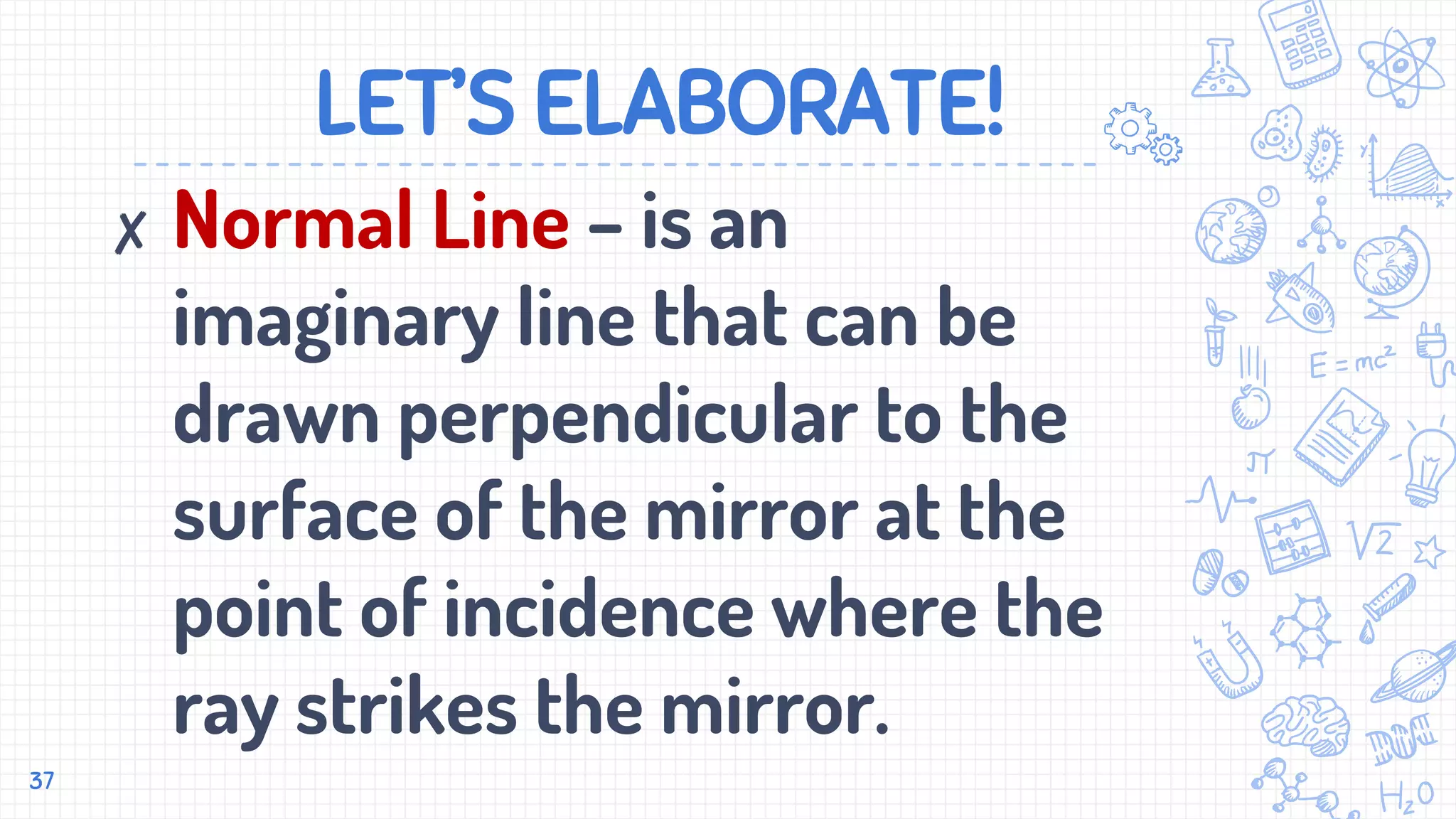 LET’S ELABORATE!
✘ Normal Line – is an
imaginary line that can be
drawn perpendicular to the
surface of the mirror at the
point of incidence where the
ray strikes the mirror.
37
 