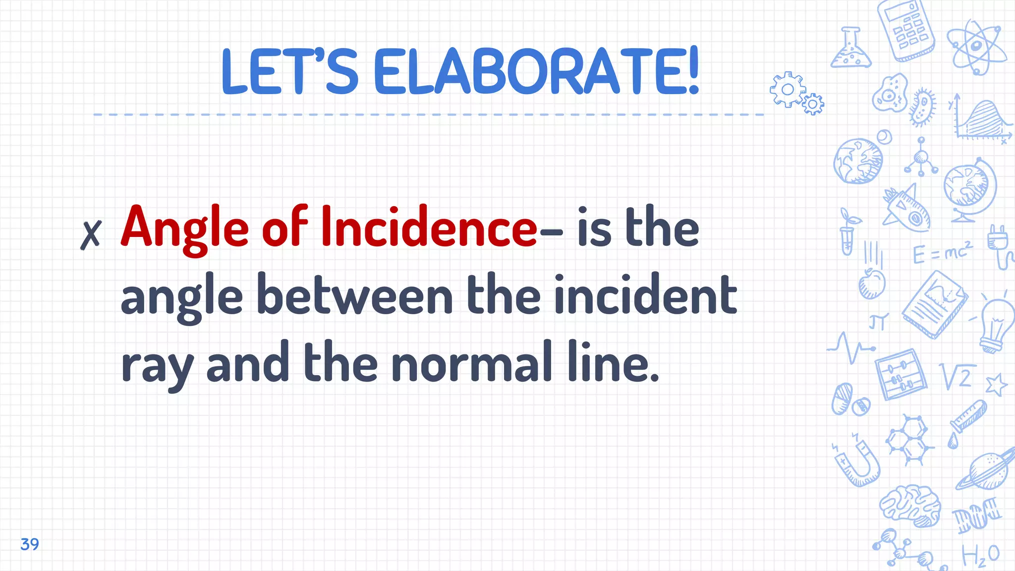 LET’S ELABORATE!
✘ Angle of Incidence– is the
angle between the incident
ray and the normal line.
39
 