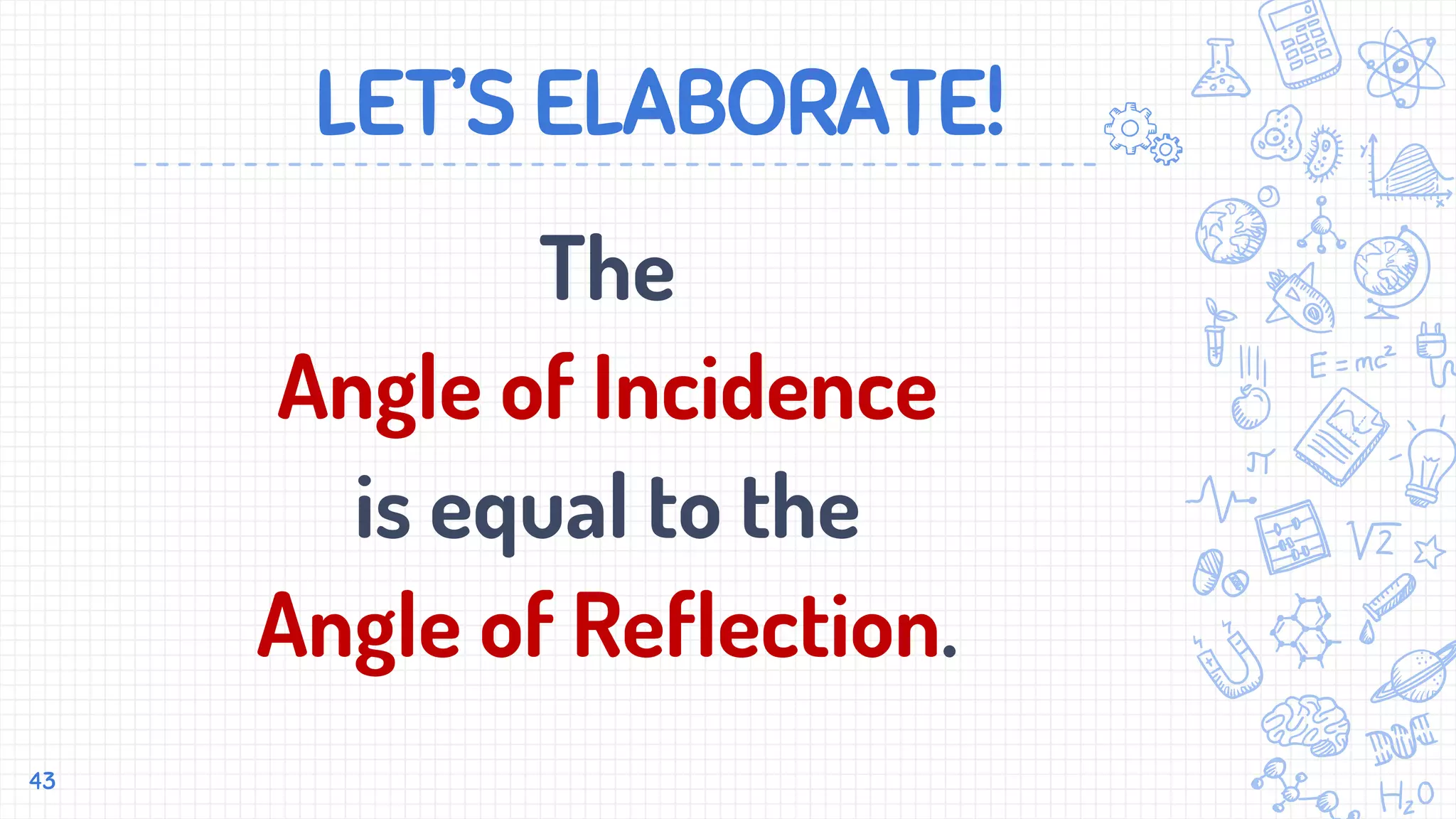 LET’S ELABORATE!
The
Angle of Incidence
is equal to the
Angle of Reflection.
43
 