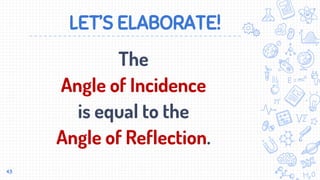 LET’S ELABORATE!
The
Angle of Incidence
is equal to the
Angle of Reflection.
43
 