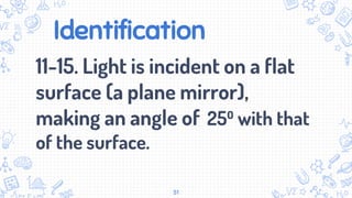 Identification
11-15. Light is incident on a flat
surface (a plane mirror),
making an angle of 25⁰ with that
of the surface.
51
 