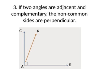 3. If two angles are adjacent and
complementary, the non-common
sides are perpendicular.
 
