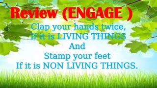 Review (ENGAGE )
Clap your hands twice,
If it is LIVING THINGS
And
Stamp your feet
If it is NON LIVING THINGS.
 