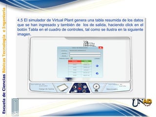 4.5 El simulador de Virtual Plant genera una tabla resumida de los datos
que se han ingresado y también de los de salida, haciendo click en el
botón Tabla en el cuadro de controles, tal como se ilustra en la siguiente
imagen.
4.5 El simulador de Virtual Plant genera una tabla resumida de los datos
que se han ingresado y también de los de salida, haciendo click en el
botón Tabla en el cuadro de controles, tal como se ilustra en la siguiente
imagen.
 