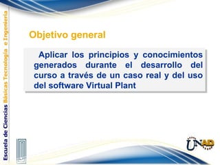 Aplicar los principios y conocimientos
generados durante el desarrollo del
curso a través de un caso real y del uso
del software Virtual Plant
Aplicar los principios y conocimientos
generados durante el desarrollo del
curso a través de un caso real y del uso
del software Virtual Plant
Objetivo general
 