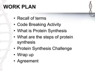 WORK PLAN

  • Recall of terms
  • Code Breaking Activity
  • What is Protein Synthesis
  • What are the steps of protein
    synthesis
  • Protein Synthesis Challenge
  • Wrap up
  • Agreement
 