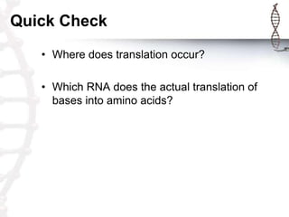 Quick Check
   • Where does translation occur?

   • Which RNA does the actual translation of
     bases into amino acids?
 