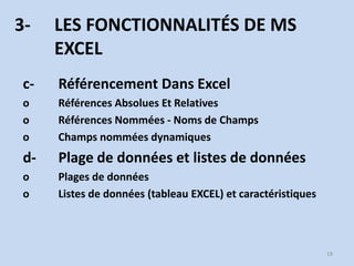 3-

LES FONCTIONNALITÉS DE MS
EXCEL

c-

Référencement Dans Excel

o
o
o

Références Absolues Et Relatives
Références Nomm...
