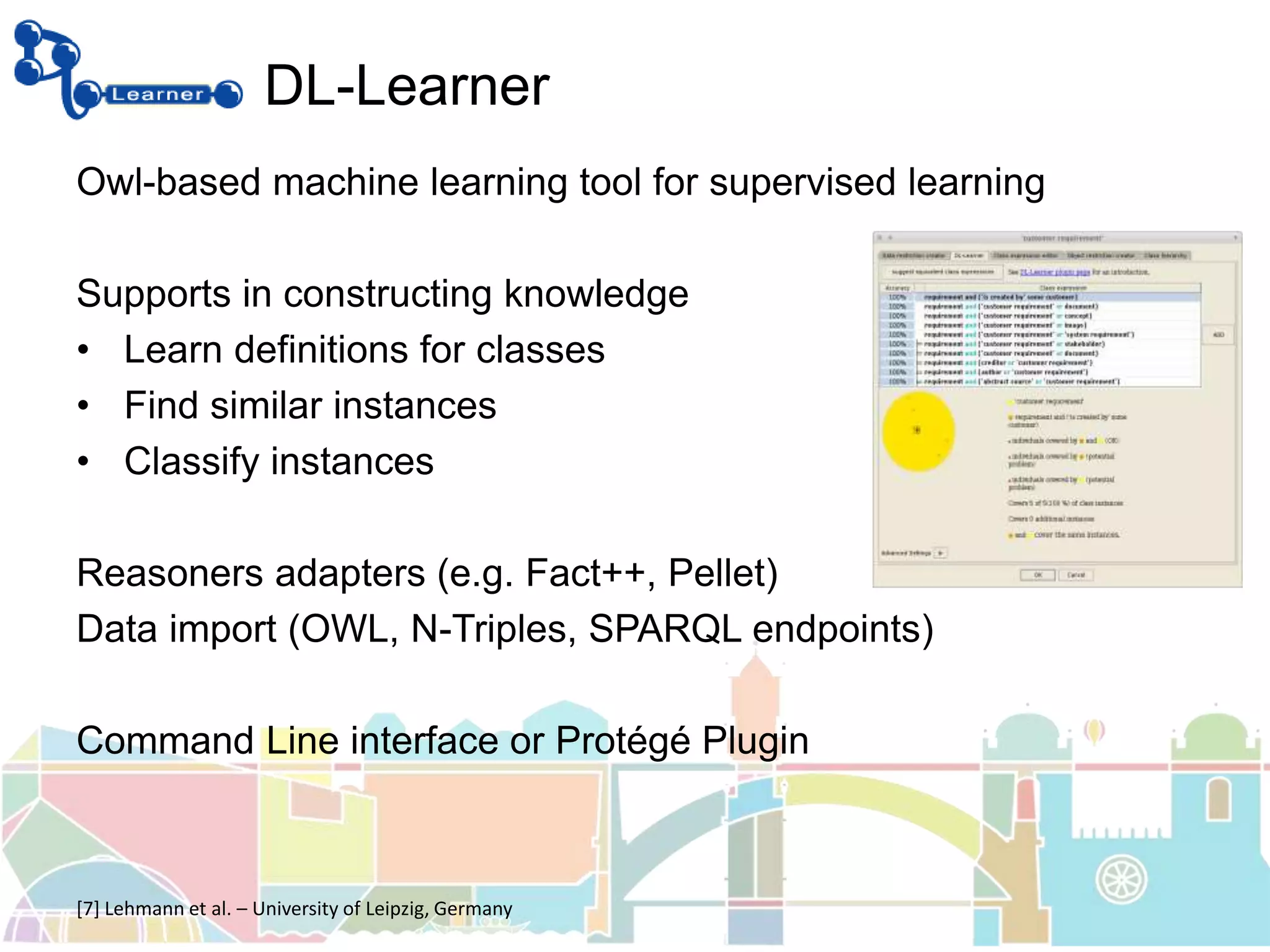 DL-Learner
Owl-based machine learning tool for supervised learning
Supports in constructing knowledge
• Learn definitions for classes
• Find similar instances
• Classify instances
Reasoners adapters (e.g. Fact++, Pellet)
Data import (OWL, N-Triples, SPARQL endpoints)
Command Line interface or Protégé Plugin
[7] Lehmann et al. – University of Leipzig, Germany
 