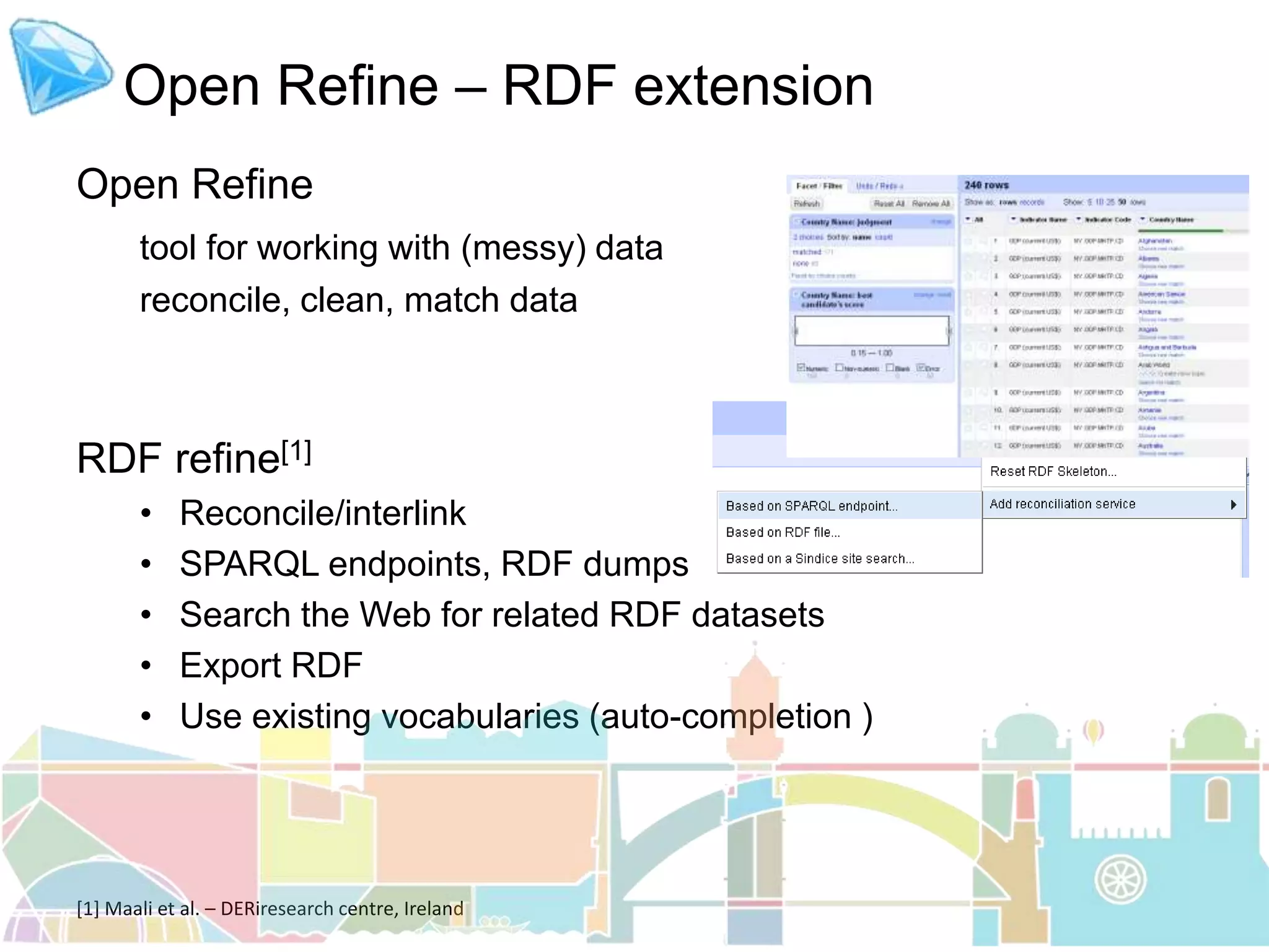 Open Refine – RDF extension
Open Refine
tool for working with (messy) data
reconcile, clean, match data
RDF refine[1]
• Reconcile/interlink
• SPARQL endpoints, RDF dumps
• Search the Web for related RDF datasets
• Export RDF
• Use existing vocabularies (auto-completion )
[1] Maali et al. – DERiresearch centre, Ireland
 