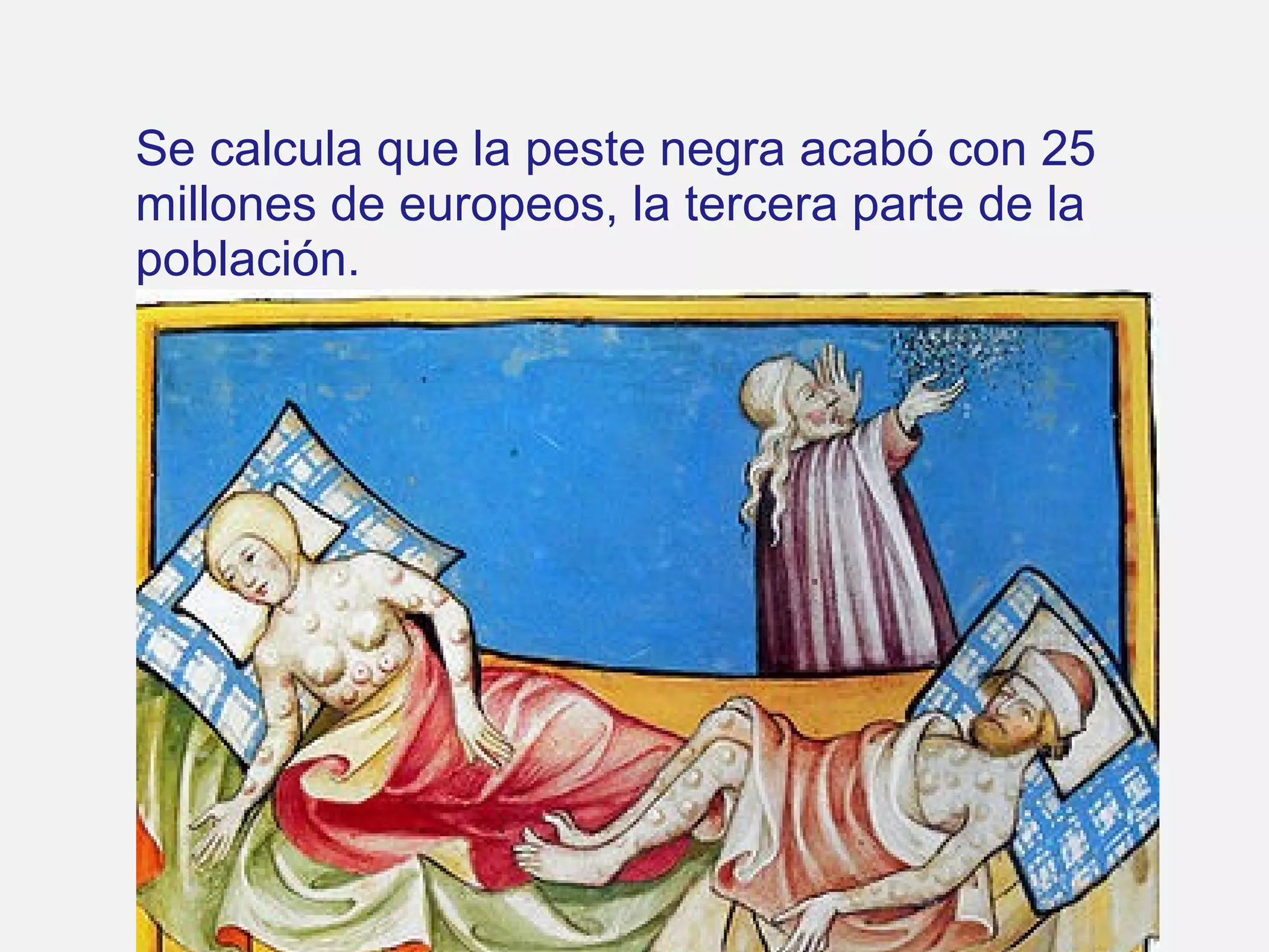 Se calcula que la peste negra acabó con 25
millones de europeos, la tercera parte de la
población.

 