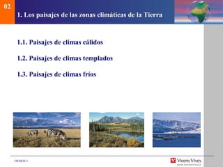 1. Los paisajes de las zonas clim áticas de la Tierra 1.1. Paisajes de climas c álidos 1.2. Paisajes de climas templados 1.3. Paisajes de climas fríos 02 