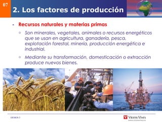 DEMOS 3
- Recursos naturales y materias primas
o Son minerales, vegetales, animales o recursos energéticos
que se usan en agricultura, ganadería, pesca,
explotación forestal, minería, producción energética e
industrial.
o Mediante su transformación, domesticación o extracción
produce nuevos bienes.
07
2. Los factores de producción
 