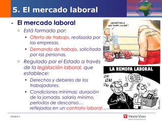 DEMOS 3
- El mercado laboral
o Está formado por:
• Oferta de trabajo, realizada por
las empresas.
• Demanda de trabajo, solicitada
por las personas.
o Regulado por el Estado a través
de la legislación laboral, que
establece:
• Derechos y deberes de los
trabajadores.
• Condiciones mínimas: duración
de la jornada, salario mínimo,
períodos de descanso…
reflejados en un contrato laboral.
5. El mercado laboral
 