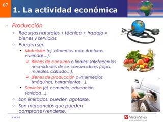 DEMOS 3
07
1. La actividad económica
- Producción
o Recursos naturales + técnica + trabajo =
bienes y servicios.
o Pueden ser:
• Materiales (ej. alimentos, manufacturas,
viviendas…).
 Bienes de consumo o finales: satisfacen las
necesidades de los consumidores (ropa,
muebles, calzado…).
 Bienes de producción o intermedios
(máquinas, herramientas…).
• Servicios (ej. comercio, educación,
sanidad…).
o Son limitados: pueden agotarse.
o Son mercancías que pueden
comprarse/venderse.
 