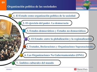 DEMOS 3
Organización política de las sociedades
5. Tratados, Declaraciones y Organizaciones Supranacionales
4. El Estado: entre la globalización y la regionalización
3. Estados democráticos y Estados no democráticos
1. El Estado como organización política de la sociedad
2. El ejercicio del poder. La democracia
09
6. Las Organizaciones No Gubernamentales (ONG)
7. Ámbitos culturales del mundo
 