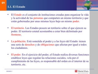 DEMOS 3
1.1. El Estado
• El Estado es el conjunto de instituciones creadas para organizar la vida
y la actividad de las personas que comparten un mismo territorio y que
están gobernadas por unas mismas leyes bajo un mismo poder.
• El territorio. Los Estados poseen un territorio sobre el que ejercen su
poder. El territorio estatal acostumbra a estar bien delimitado por
fronteras.
• La población. Está sometida al poder y a las leyes del Estado: tienen
una serie de derechos y de obligaciones que afectan por igual a todos
los ciudadanos.
• El poder. En el ejercicio del poder, el Estado realiza diversas funciones:
establece leyes que regulan las relaciones sociales, vela por el
cumplimiento de las leyes, es responsable del orden en el interior de su
territorio, etc.
09
 