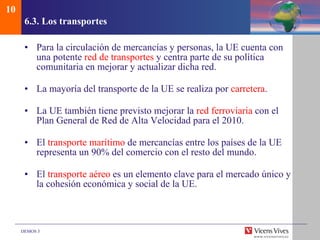 6.3.  Los transportes Para la circulación de mercancías y personas, la UE cuenta con una potente  red de transportes  y centra parte de su política comunitaria en mejorar y actualizar dicha red. La mayoría del transporte de la UE se realiza por  carretera .  La UE también tiene previsto mejorar la  red ferroviaria  con el Plan General de Red de Alta Velocidad para el 2010. El  transporte marítimo  de mercancías entre los países de la UE representa un 90% del comercio con el resto del mundo. El  transporte aéreo  es un elemento clave para el mercado único y la cohesión económica y social de la UE. 10 
